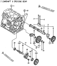  Двигатель Yanmar 3TNE74-LT, узел -  Распредвал и приводная шестерня 