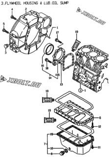  Двигатель Yanmar 3TNE82A-EBEN, узел -  Маховик с кожухом и масляным картером 