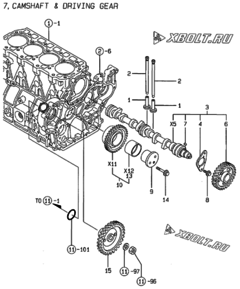  Двигатель Yanmar 4TNE94-ACG, узел -  Распредвал и приводная шестерня 