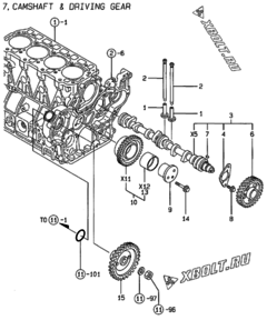  Двигатель Yanmar 4TNE98-ACG, узел -  Распредвал и приводная шестерня 