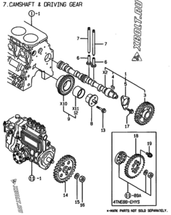  Двигатель Yanmar 4TNE88-EHYS, узел -  Распредвал и приводная шестерня 