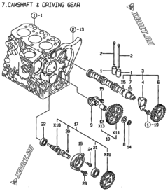  Двигатель Yanmar 3TNE74C-HP, узел -  Распредвал и приводная шестерня 