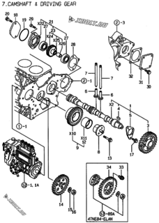  Двигатель Yanmar 4TNE84-LAN, узел -  Распредвал и приводная шестерня 