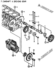  Двигатель Yanmar 4TNE84-EMS, узел -  Распредвал и приводная шестерня 