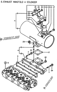  Двигатель Yanmar 4TNE98-AD, узел -  Выпускной коллектор и глушитель 