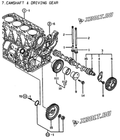  Двигатель Yanmar 4TNE98-AD, узел -  Распредвал и приводная шестерня 