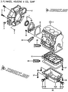  Двигатель Yanmar 3TNE74-YC, узел -  Маховик с кожухом и масляным картером 