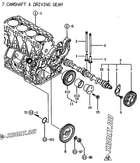  Распредвал и приводная шестерня двигателя Yanmar 4TNE98-HYS