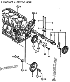  Двигатель Yanmar 4TNE98-HYS, узел -  Распредвал и приводная шестерня 