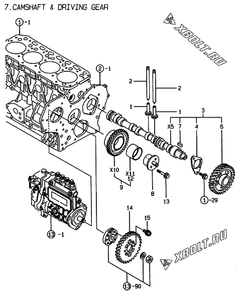  Распредвал и приводная шестерня двигателя Yanmar 4TNE84T-EKRW