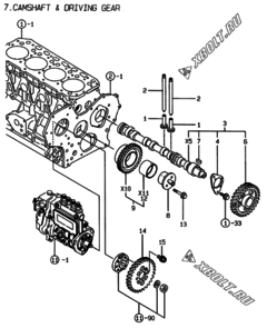  Двигатель Yanmar 4TNE84-EAD, узел -  Распредвал и приводная шестерня 