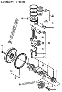  Двигатель Yanmar 4TNE84-EAD, узел -  Коленвал и поршень 
