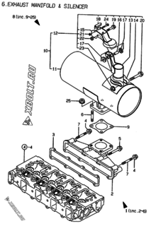  Двигатель Yanmar 4TNE88-EAD, узел -  Выпускной коллектор и глушитель 