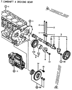  Двигатель Yanmar 4TNE88-EAD, узел -  Распредвал и приводная шестерня 