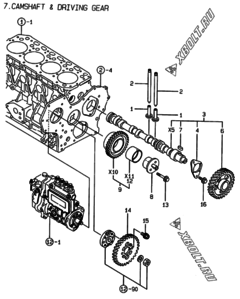 Двигатель Yanmar 4TNE84-EAF, узел -  Распредвал и приводная шестерня 