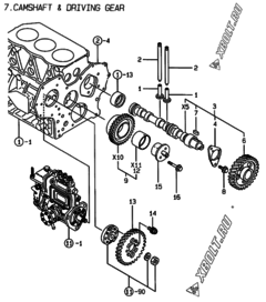  Двигатель Yanmar 3TNE88-ECS, узел -  Распредвал и приводная шестерня 