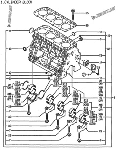  Двигатель Yanmar 4TNE88-EACG, узел -  Блок цилиндров 