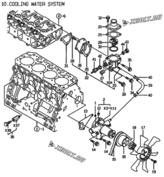  Двигатель Yanmar 4TNE88-EACG, узел -  Система водяного охлаждения 