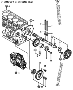  Двигатель Yanmar 4TNE88-EHP, узел -  Распредвал и приводная шестерня 