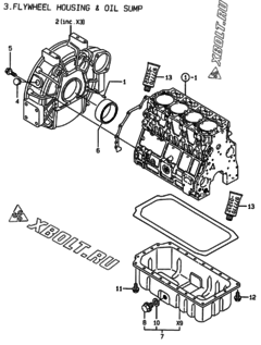  Двигатель Yanmar 4TNE106T-ML, узел -  Маховик с кожухом и масляным картером 