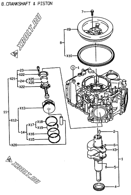  Коленвал и поршень двигателя Yanmar 2V78-CA