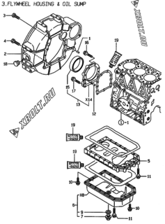  Двигатель Yanmar 3TNE78A-EBEE, узел -  Маховик с кожухом и масляным картером 