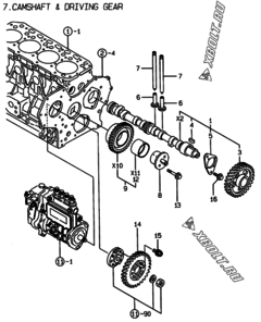  Двигатель Yanmar 4TNE88-ESF, узел -  Распредвал и приводная шестерня 
