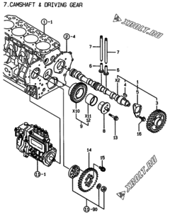  Двигатель Yanmar 4TNE88-EPD, узел -  Распредвал и приводная шестерня 