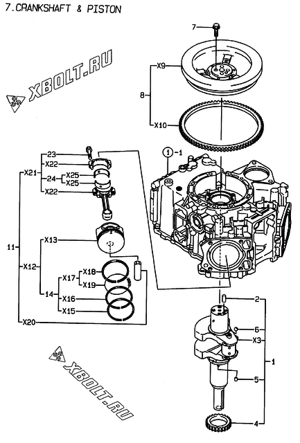  Коленвал и поршень двигателя Yanmar 2V78C-DXCA