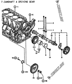  Двигатель Yanmar 4TNE94-WI, узел -  Распредвал и приводная шестерня 