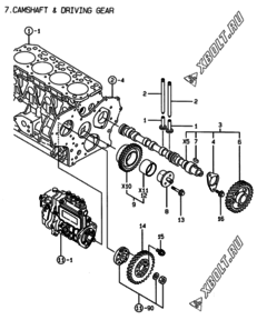  Двигатель Yanmar 4TNE84-EKRV, узел -  Распредвал и приводная шестерня 