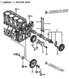  Двигатель Yanmar 4TNE106T-NS, узел -  Распредвал и приводная шестерня 