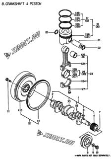 Двигатель Yanmar 4TNE88-EVN, узел -  Коленвал и поршень 