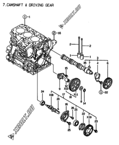  Двигатель Yanmar 3TNE68-ENSR, узел -  Распредвал и приводная шестерня 
