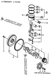  Двигатель Yanmar 4TNE88-EPG, узел -  Коленвал и поршень 