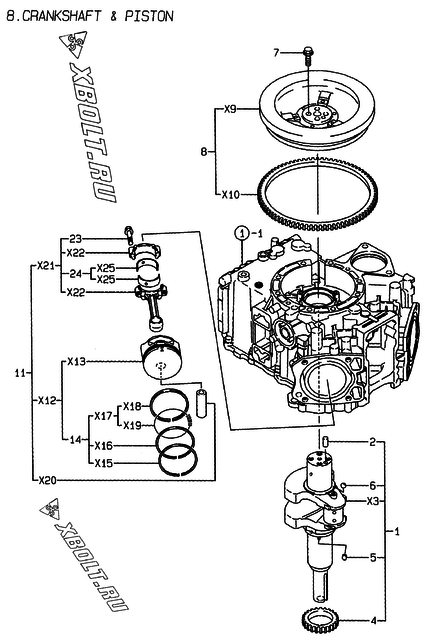  Коленвал и поршень двигателя Yanmar 2V78-TA