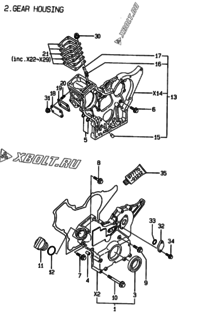 Двигатель Yanmar 3TNE74-MG, узел -  Корпус редуктора 