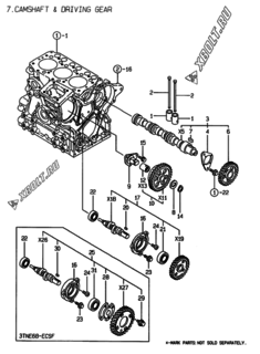  Двигатель Yanmar 3TNE68-ECSF, узел -  Распредвал и приводная шестерня 