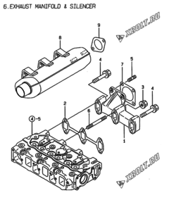  Двигатель Yanmar 3TNE74-ENSR3, узел -  Выпускной коллектор и глушитель 