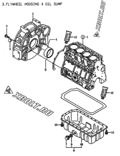  Двигатель Yanmar 4TNE106-GE, узел -  Маховик с кожухом и масляным картером 