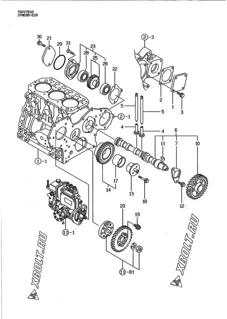  Распредвал и приводная шестерня двигателя Yanmar 3TNE88-ECR