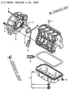  Двигатель Yanmar 4TNE94-DBK, узел -  Маховик с кожухом и масляным картером 