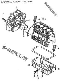 Двигатель Yanmar 4TNE106T-GE, узел -  Маховик с кожухом и масляным картером 
