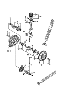  Двигатель Yanmar L48EE-DEVMS, узел -  Коленвал, поршень и распредвал 