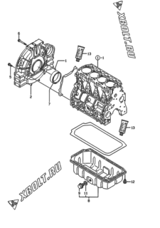  Двигатель Yanmar 4TNE94-HYBK, узел -  Маховик с кожухом и масляным картером 