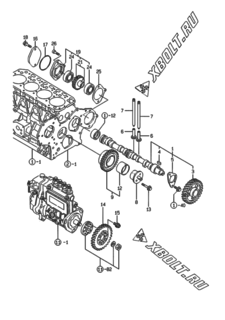  Двигатель Yanmar 4TNE84-EMAX, узел -  Распредвал и приводная шестерня 