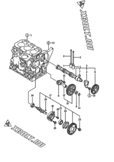  Двигатель Yanmar 3TNE74-EDO, узел -  Распредвал и приводная шестерня 