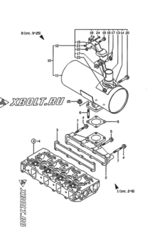  Двигатель Yanmar 4TNE84-EAD1, узел -  Выпускной коллектор и глушитель 