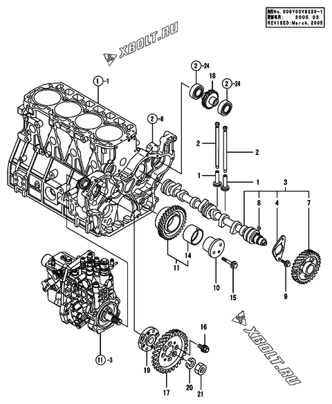  Распредвал и приводная шестерня двигателя Yanmar 4TNV98-NLANG