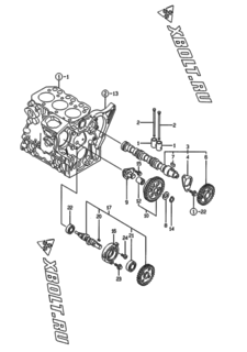  Двигатель Yanmar 3TNE74-LW, узел -  Распредвал и приводная шестерня 